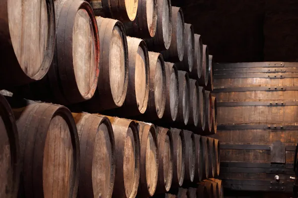 Alter Weinkeller voller Holzfässer — Stockfoto