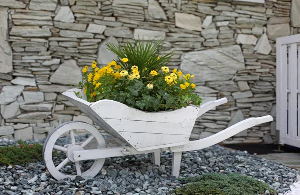 Pushcart κρεβάτι λουλουδιών μπροστά από ένα σπίτι — Φωτογραφία Αρχείου