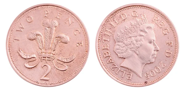 白い背景で隔離された英国の 2 ペンスのコイン — ストック写真