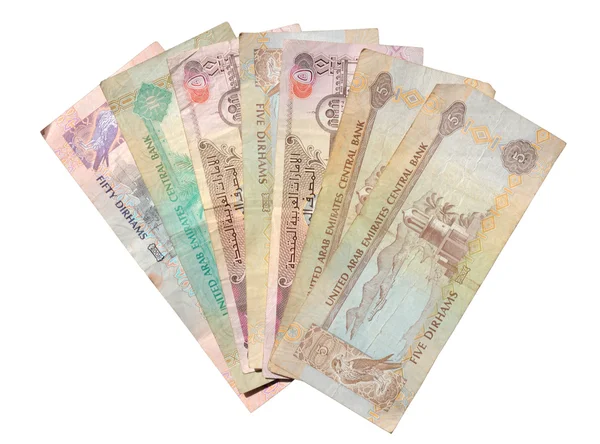 Dirhams aislados sobre fondo blanco. Moneda de la Emira Árabe Unida —  Fotos de Stock