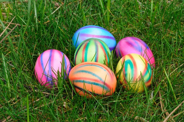 Coloridos huevos de Pascua escondidos en la hierba —  Fotos de Stock