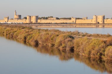 Medieval town Aigues-Mortes between swamps of the Camargue, France clipart