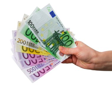 Hand with Euro notes isolated over white background clipart