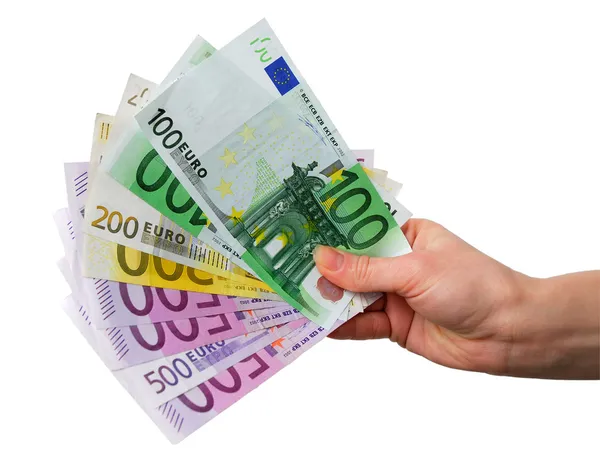 Mão com notas Euro isoladas sobre fundo branco — Fotografia de Stock