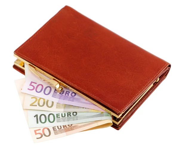 Carteira de couro com notas de euro — Fotografia de Stock