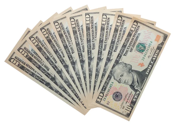 Tio dollar sedlar isolerade över vit bakgrund — Stockfoto