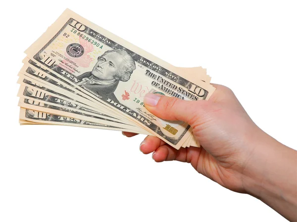 Mão com notas de dólar isoladas sobre branco — Fotografia de Stock