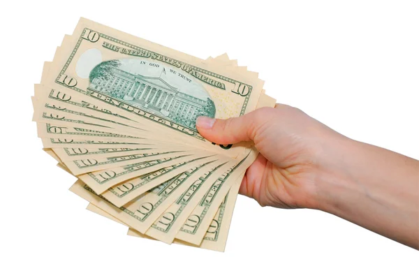 Hand med tio dollar sedlar — Stockfoto