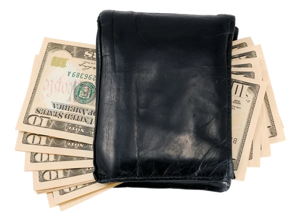 Carteira de couro preto com notas de dez dólares — Fotografia de Stock