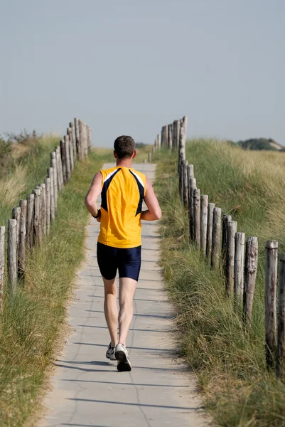 Man jogging on the top of a dune in Netherlands — Stock Photo, Image