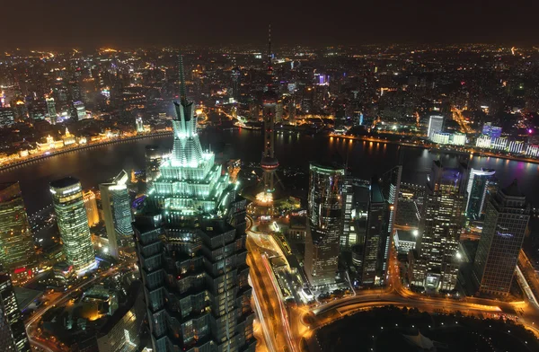 stock image Aerial view over the megacity Shanghai at night
