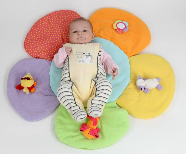 Little baby on a colorful flower blanket — Stock Photo, Image