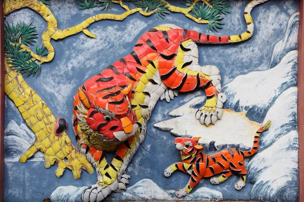 Tiger family on the wall of taoist temple in Hong Kong