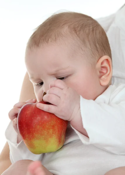 Малыш пытается съесть яблоко — стоковое фото