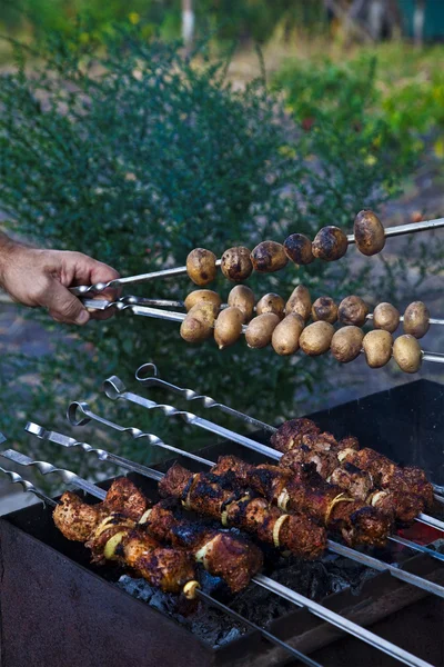 Šíš kebab procesu vaření na otevřeném ohni venku — Stock fotografie