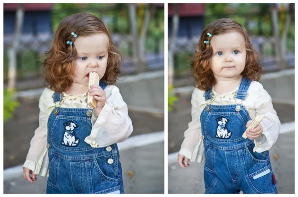 Маленькая девочка ест вафли — стоковое фото