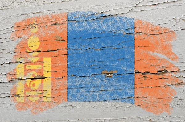 Flag of mongolia on grunge wooden texture painted with chalk — Stock Photo, Image
