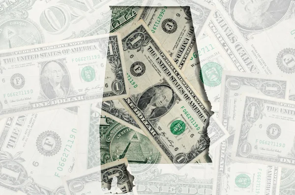 Περίγραμμα της Αλαμπάμα με διαφανή αμερικανικό δολάριο τραπεζογραμματίων — Φωτογραφία Αρχείου