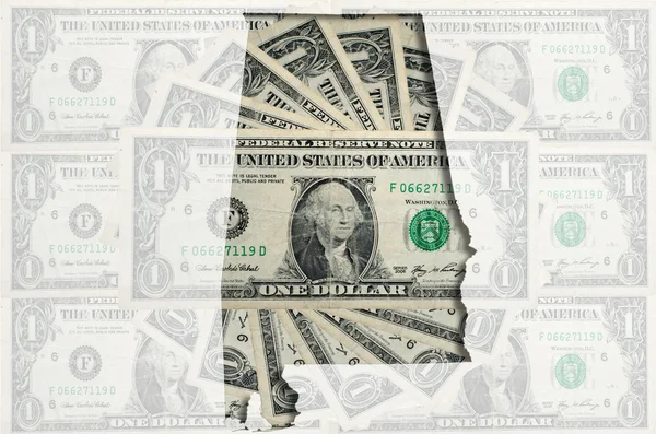 Umrisskarte von Alabama mit transparenter amerikanischer Dollarnote — Stockfoto
