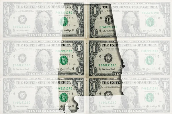 Окреслити карта Алабама з прозорого американський долар банкнота — стокове фото