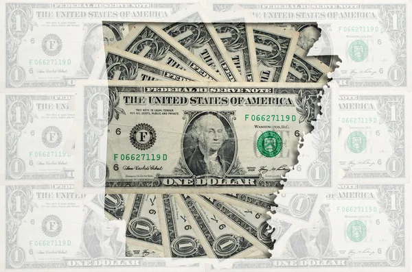 Mapa do esboço de Arkansas com o banknot transparente do dólar americano — Fotografia de Stock