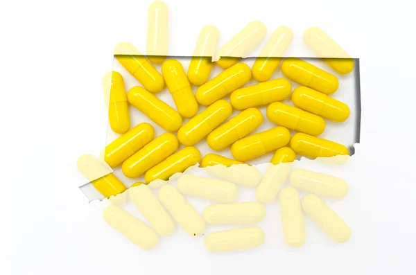 Umrisse einer Verbindungskarte mit transparenten Pillen im Hintergrund — Stockfoto