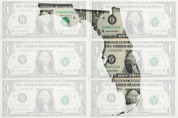 透明なアメリカ ドル紙幣とフロリダの概要マップ — ストック写真