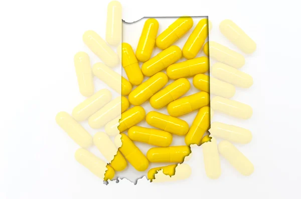 Mapa do esboço de Indiana com pílulas transparentes no fundo — Fotografia de Stock