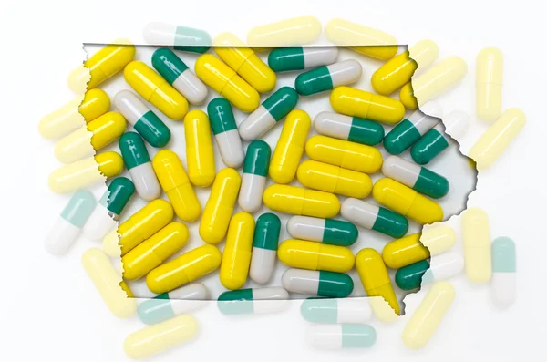 Konturkarta över iowawith transparent piller i bakgrunden — Stockfoto