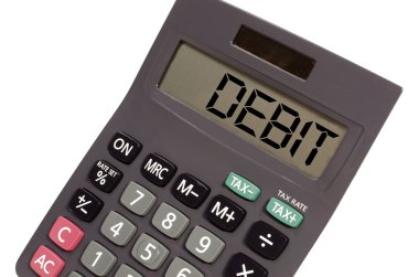 Old calculator on white background showing text 