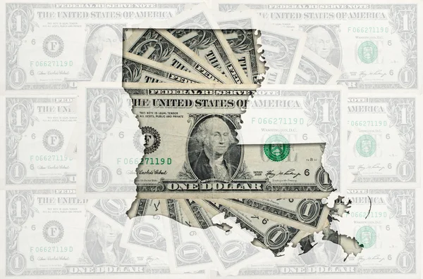 Περίγραμμα της Λουιζιάνα με διαφανή αμερικανικό δολάριο διπλωμένο — Φωτογραφία Αρχείου