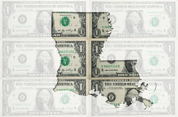 Umrisskarte von Luisiana mit transparentem amerikanischen Dollarschein — Stockfoto