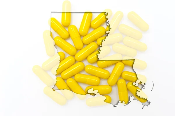 Mapa do esboço de Luisiana com pílulas transparentes no fundo — Fotografia de Stock