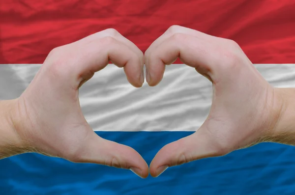 Жест любви и сердца, показываемый руками над флагом Голландии — стоковое фото