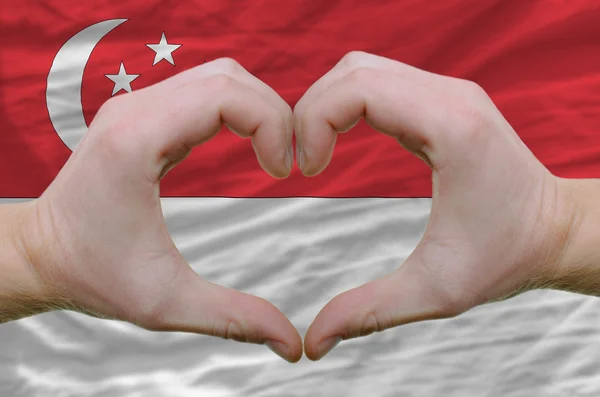 Srdce a lásku gestem ukázal rukou nad vlajka Singapuru ba — Stock fotografie