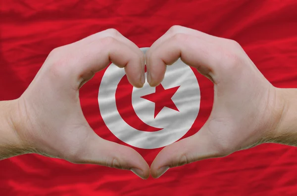 El corazón y el gesto de amor mostrados por las manos sobre la bandera de Tunisia espalda — Foto de Stock