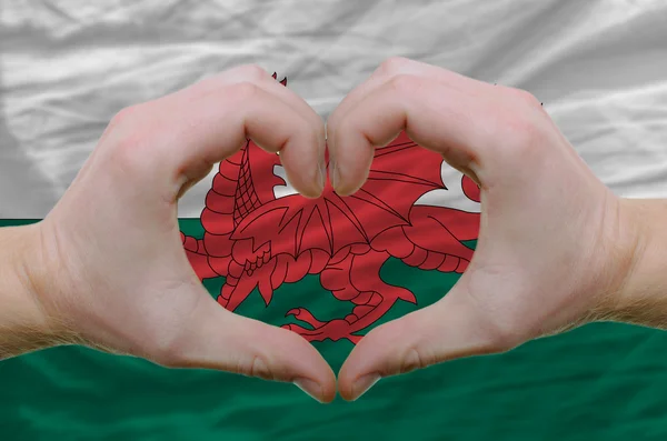 Καρδιά και αγάπη χειρονομία έδειξε από τα χέρια πάνω από τη σημαία της Ουαλίας έκφραση — Φωτογραφία Αρχείου