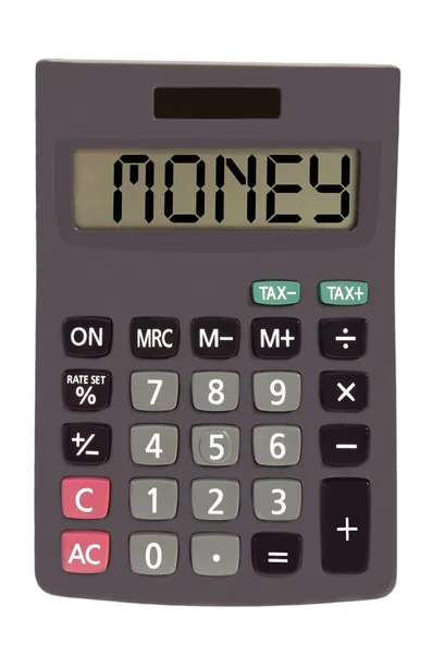 Vecchia calcolatrice su sfondo bianco che mostra il testo "denaro " — Foto Stock