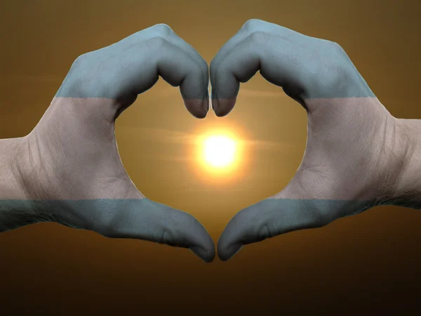 Corazón y gesto de amor con las manos coloreadas en bandera argentina durante — Foto de Stock