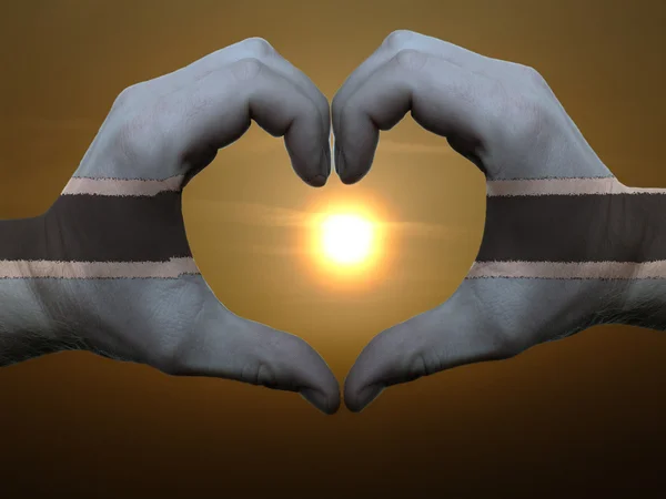 Καρδιά και αγάπη χειρονομία από χέρια χρωματισμένη με σημαία της Μποτσουάνα κατά τη διάρκεια — Φωτογραφία Αρχείου