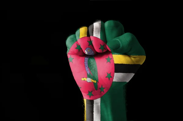 Fist painted in colors of dominica flag — Stock Photo, Image