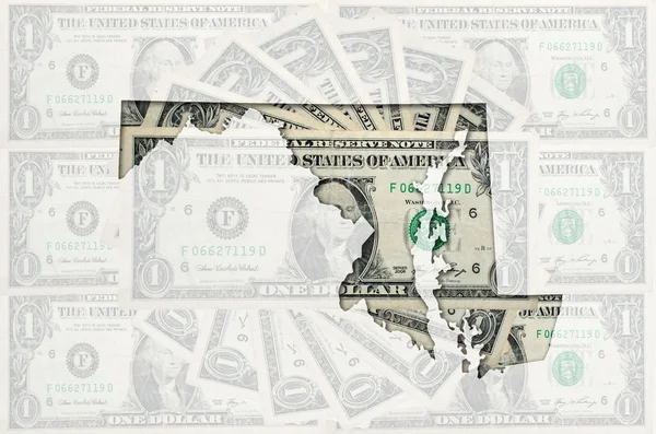 Карта Мэриленда с прозрачным американским долларовым банкнотом — стоковое фото