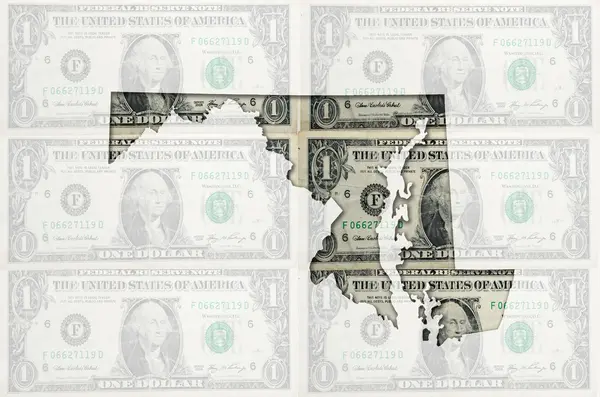 Skitse kort over Maryland med transparent amerikansk dollar banknot - Stock-foto