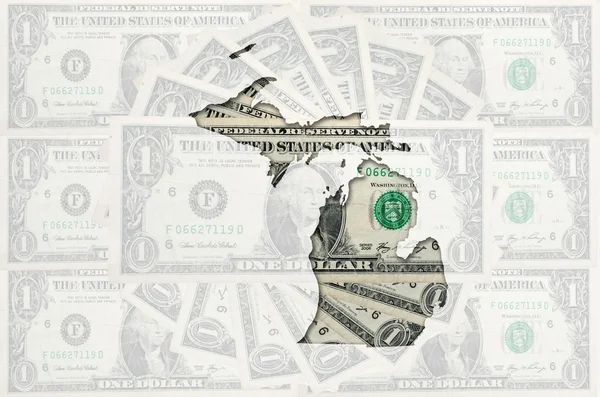 大纲地图的密歇根州与透明美国美元 banknot — 图库照片
