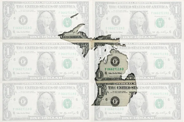 Konturkarta över michigan med transparent amerikanska dollar banknot — Stockfoto