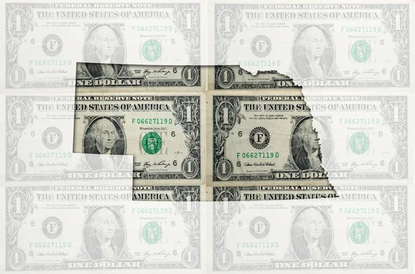 与透明美国美元 banknot 内布拉斯加的大纲地图 — 图库照片