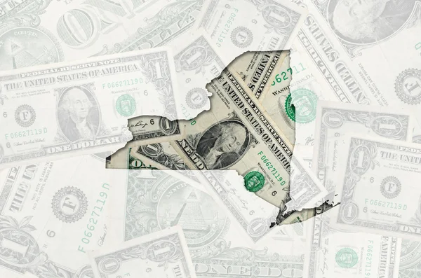 Konturkarta över new york med transparent amerikanska dollar banknot — Stockfoto