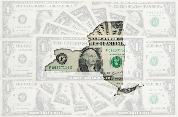 Περίγραμμα της Νέας Υόρκης με διαφανή αμερικανικό δολάριο διπλωμένο — Φωτογραφία Αρχείου