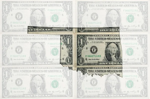Карта Оклахомы с прозрачным американским долларовым банкнотом — стоковое фото