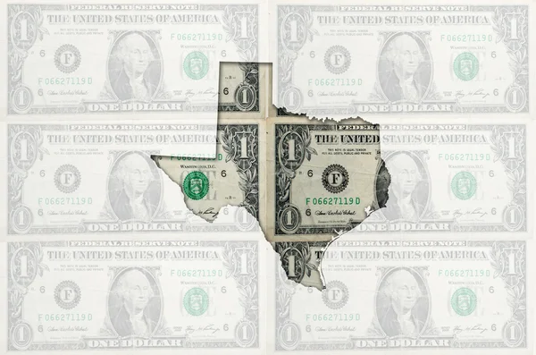 Mapa esquemático de texas con billetes en dólares americanos transparentes —  Fotos de Stock